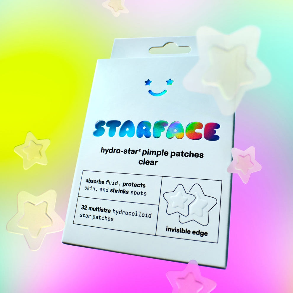 STARFACE hydro-star® clear absorbs. shrinks. protects.  32 invisible hydrocolloid pimple protectors in two sizes