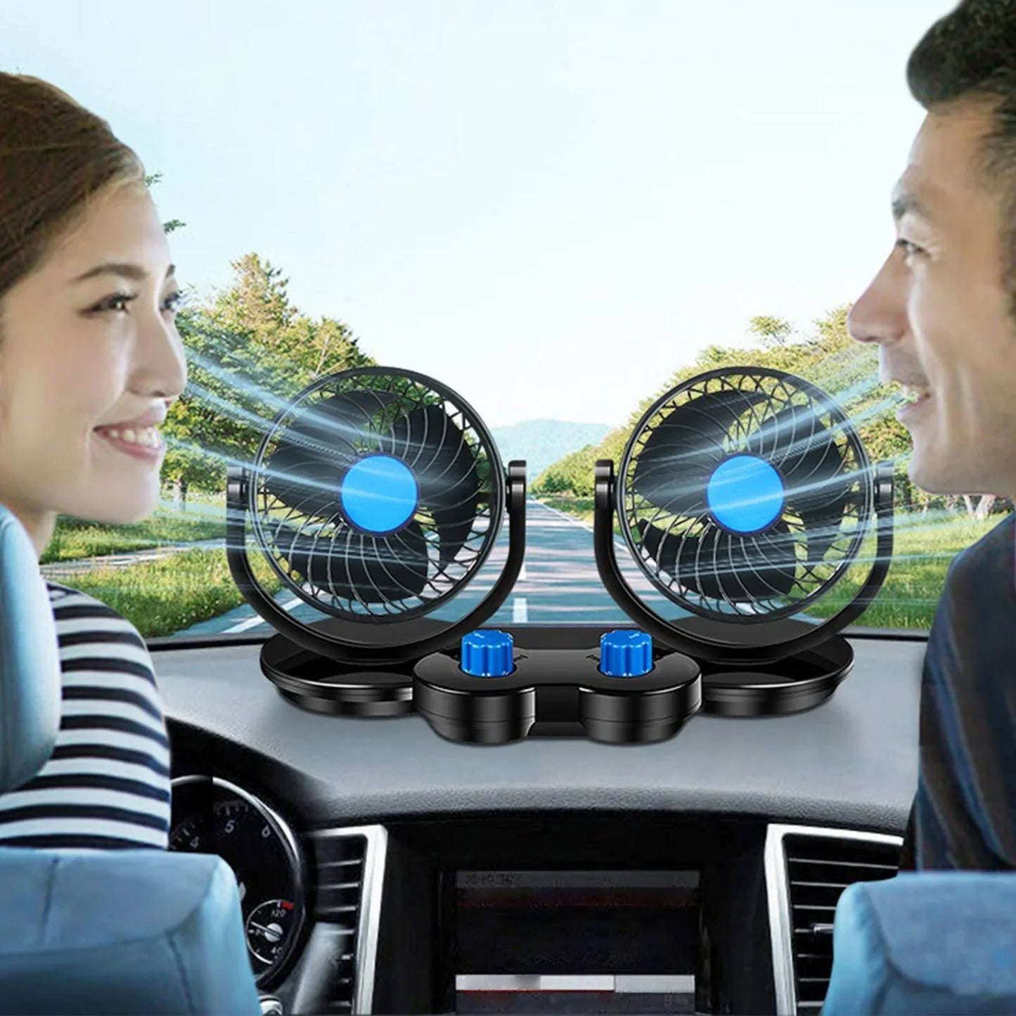 Dual Head Car Fan – Powerful Cooling with 360° Rotation مروحة سيارة برأسين ودوران 360°