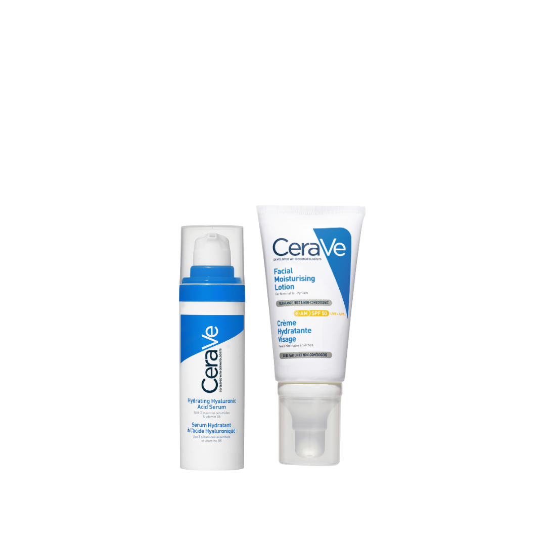 CeraVe Hydrating HA Serum And AM Facial Moisturizing Lotion SPF50 Bundle At 15% Off