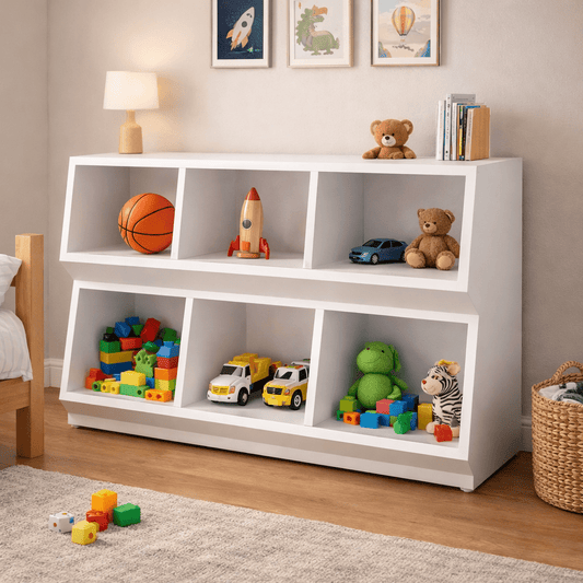 White wooden toy storage unit with multiple open compartments placed in a children's bedroom lifestyle setting with toys and decorations.