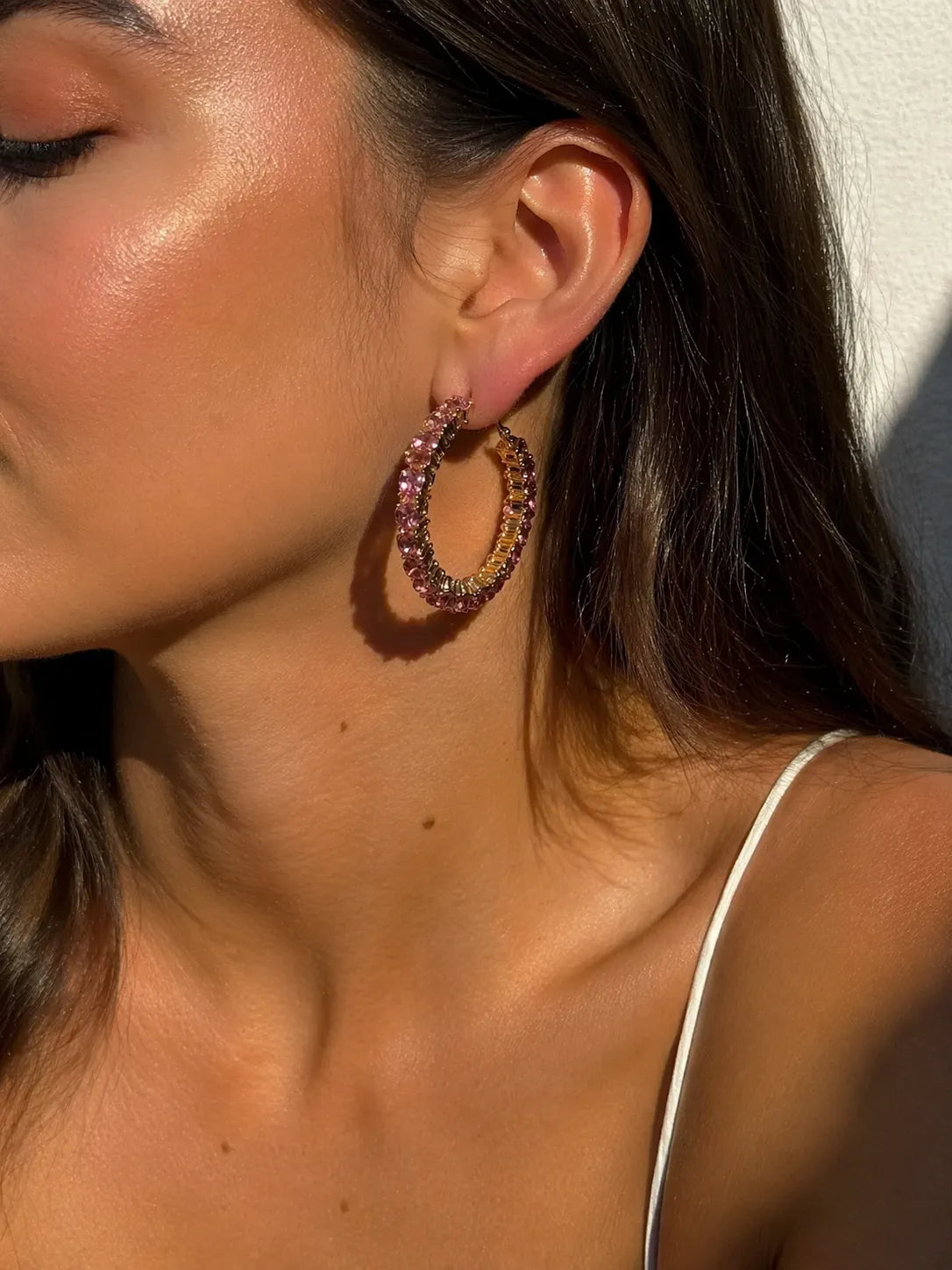 ON 34th Women's Pink & Gold Crystal Station Medium Hoop Earrings | ON 34th In Lebanon