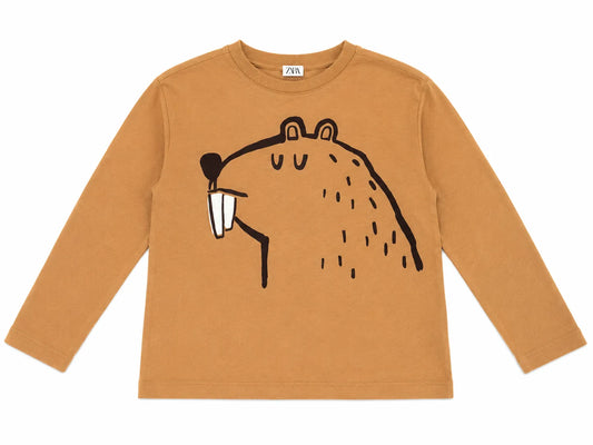 Zara Boy's Light Brown Beaver Graphic  Long Sleeve Blouse   | Zara in Lebanon