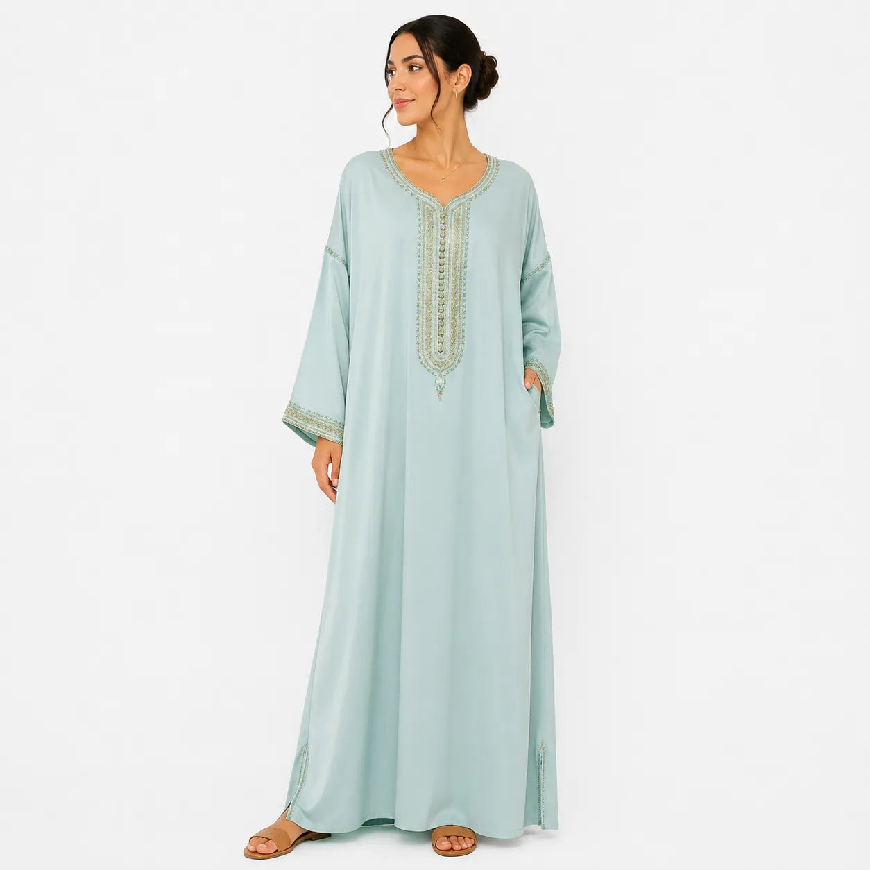 Jasmine Women's Aqua Abaya With Gold Neckline | Jasmine In Lebanon
