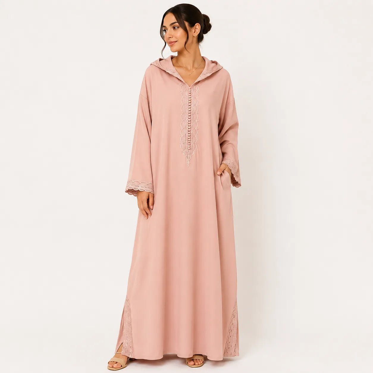 Jasmine Women's Light Pink Moroccan Style Hooded Abaya | Jasmine In Lebanon