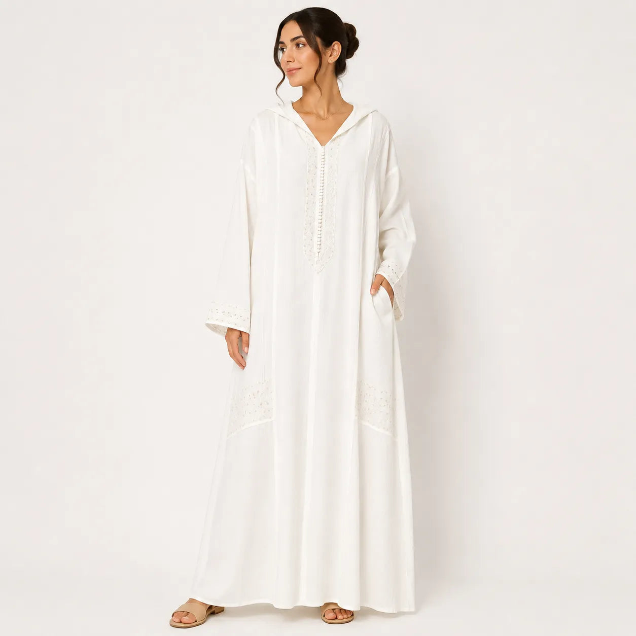 Jasmine Women's White Open Abaya With Sequin Details | Jasmine In Lebanon