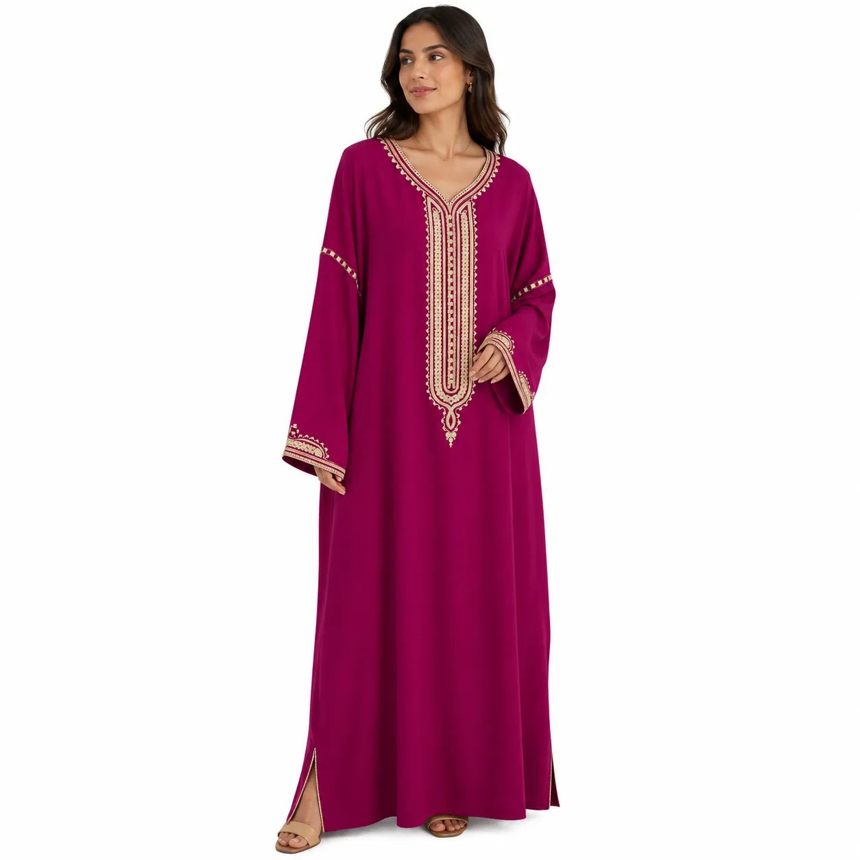 Jasmine Women's Dark Fuchsia Maxi Abaya With Gold Trim | Jasmine In Lebanon