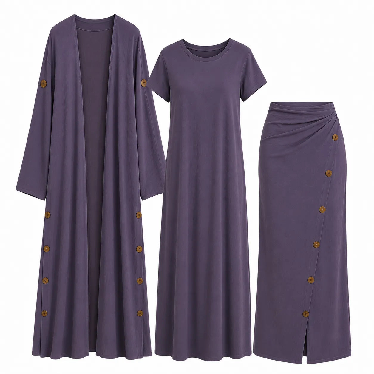 Jasmine Women's Purple 3 Pieces Abaya Set With Wooden Button Details | Jasmine In Lebanon