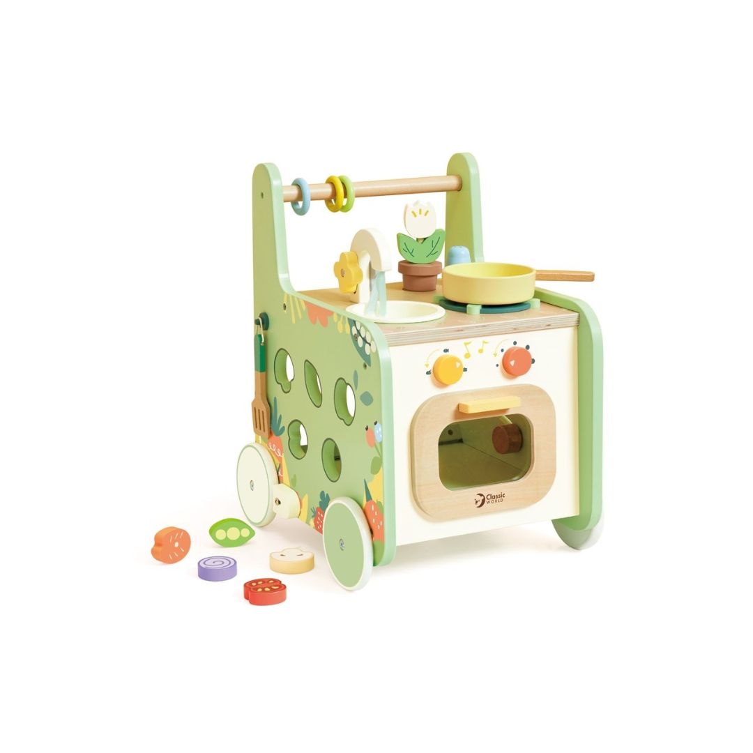 Classic World Wooden Kitchen Walker 2-in-1 Baby Walker & Play Kitchen (15 pcs)