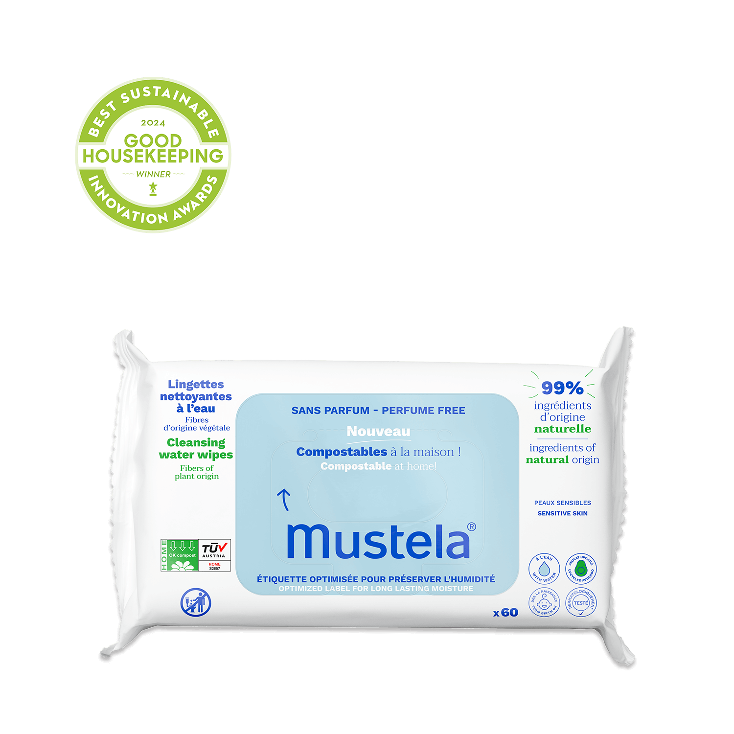 Mustela Home Compostable Wipes Perfume Free with water