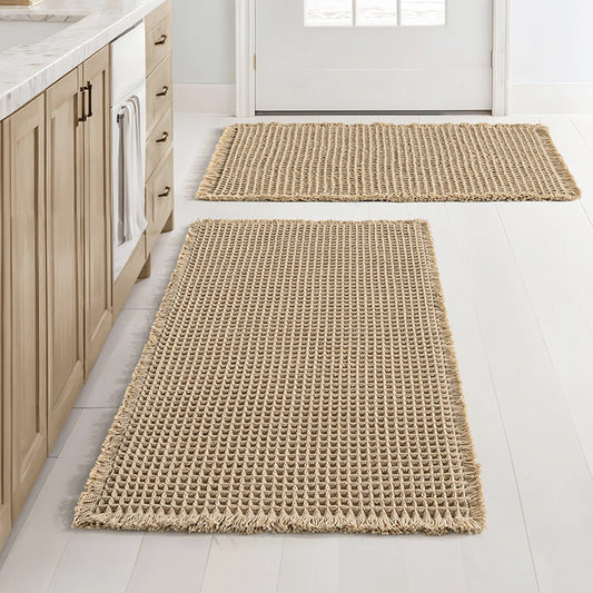95 CM X 65 CM Cotton Waffle Dry Bathroom Rug Non Slip Kitchen Mat with Tassels Super Absorbent Ultra Soft Boho Decor Floor Mats Machine Washable