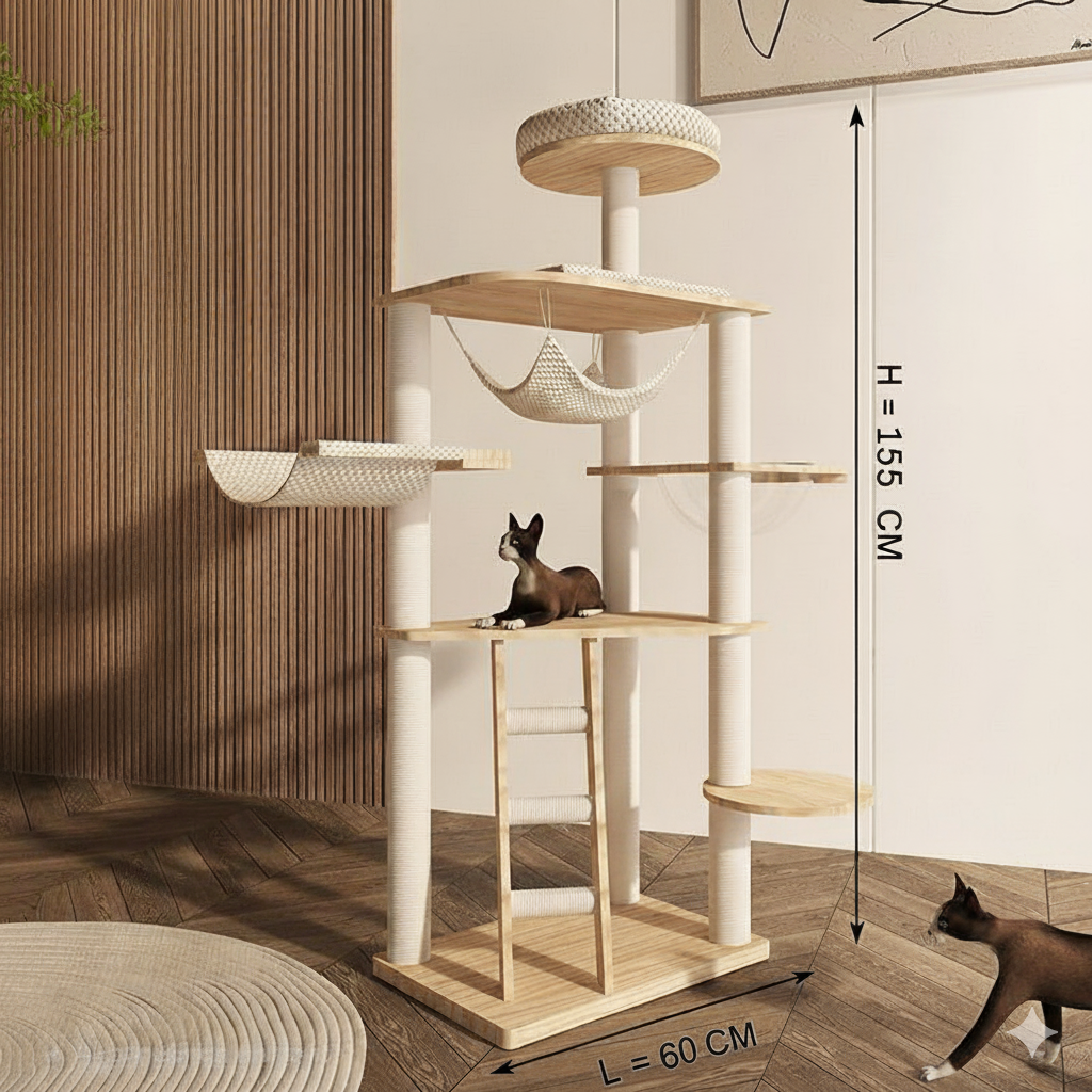 Premium Solid Wood Cat Tree Tower – Multi-Level Luxury Cat Condo with Space Bowl, Hammock & Ladder
