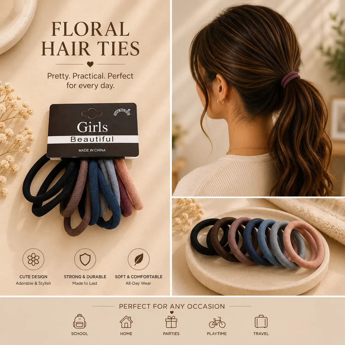 Soft Fabric 10 Hair Ties – Neutral Colors DG107