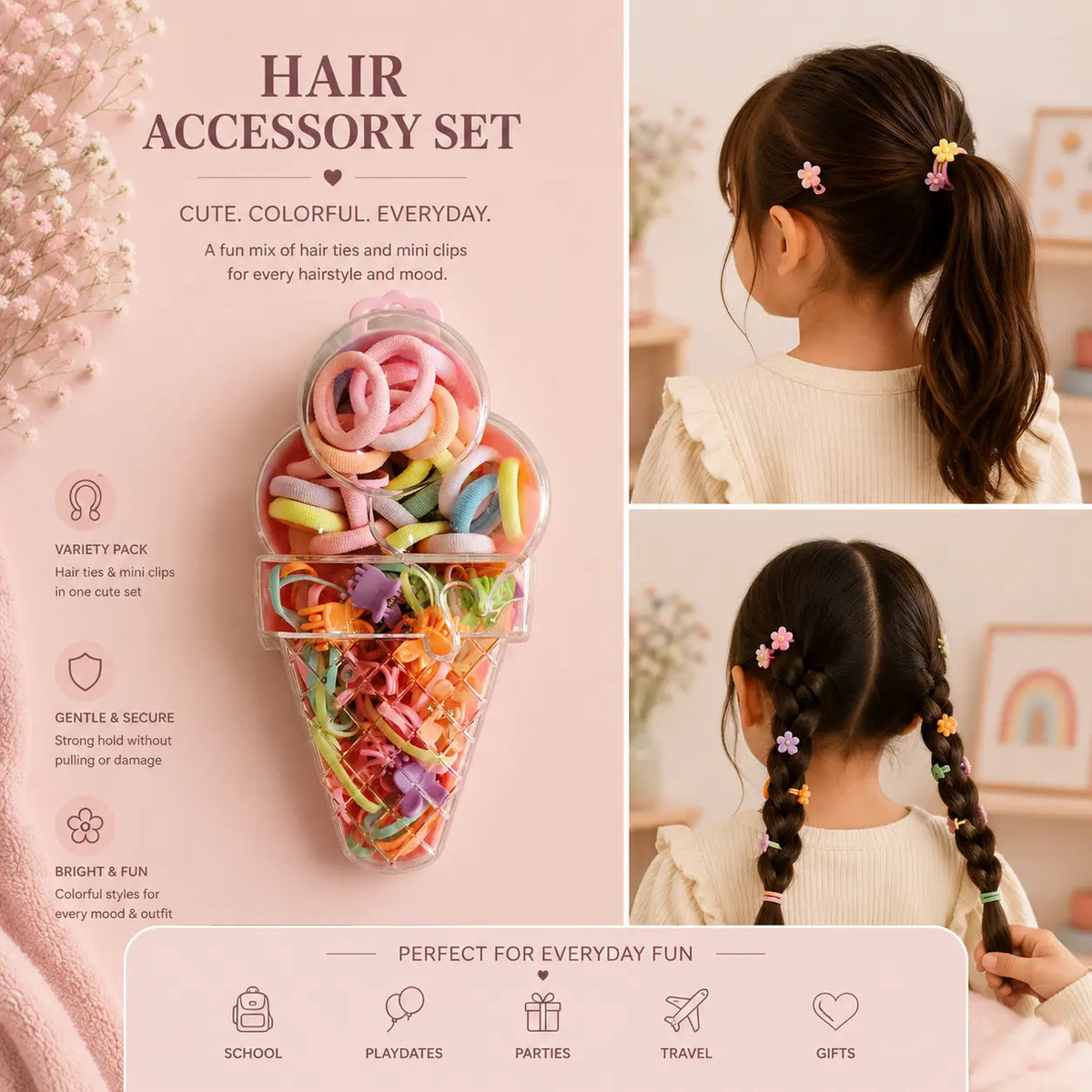 Kids Hair Accessory Set of Mini bands and Clips In a Cone Shape Pack  DG117