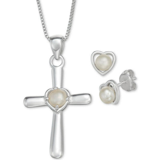 R.H Macy & Co Women's Silver Pearl Necklace & Heart Stud Earrings Set | R.H Macy & Co In Lebanon