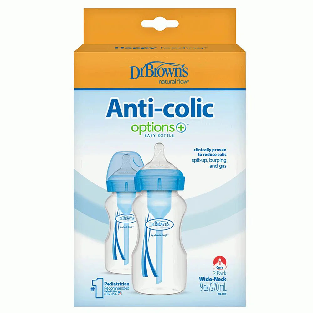 DrBrown's - Op+ Anti-Colic - 270ml - W/N Bottle With Level 1 Teat - Twin Pack - Blue