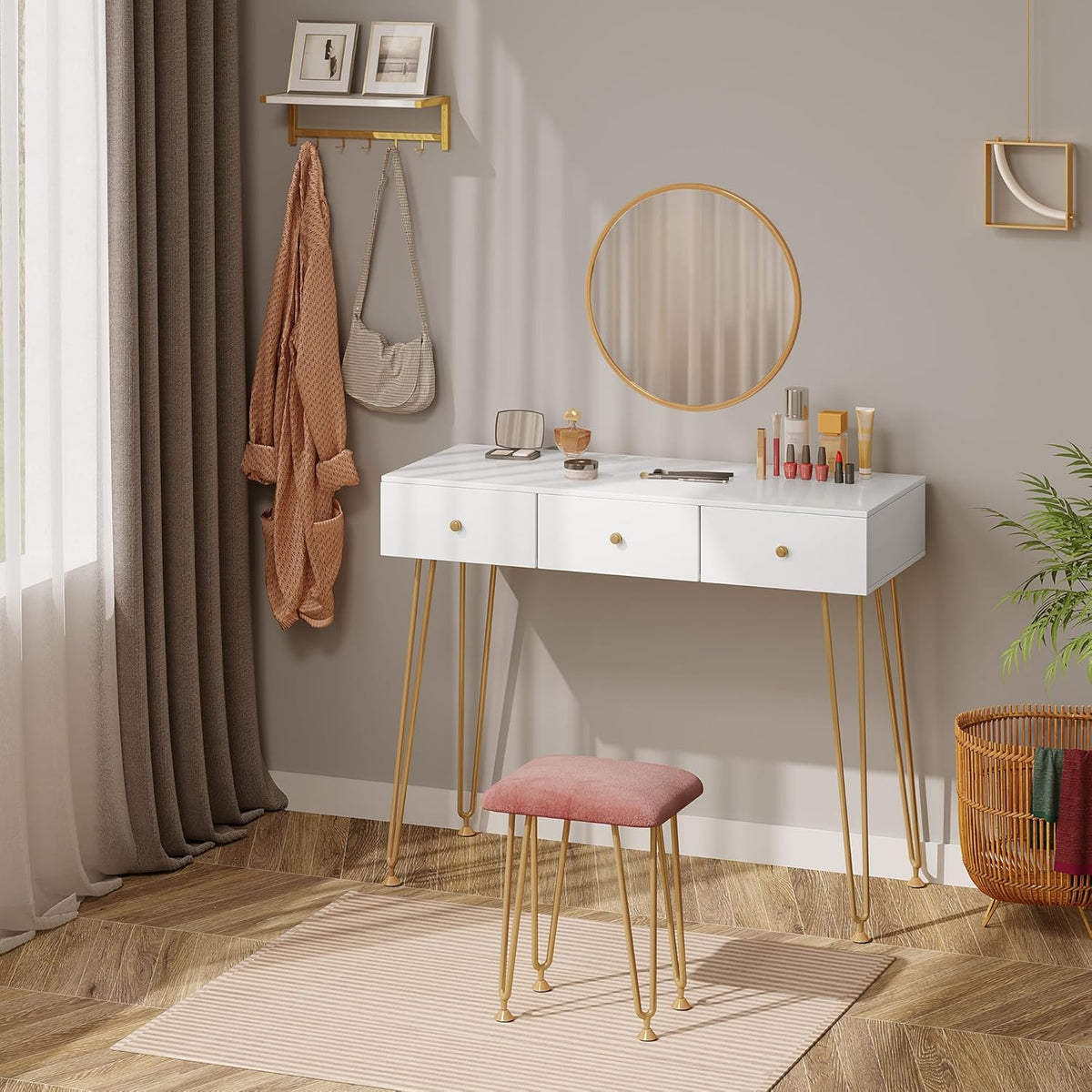 EUGAD White Dressing Table with Velvet Pink Stool
