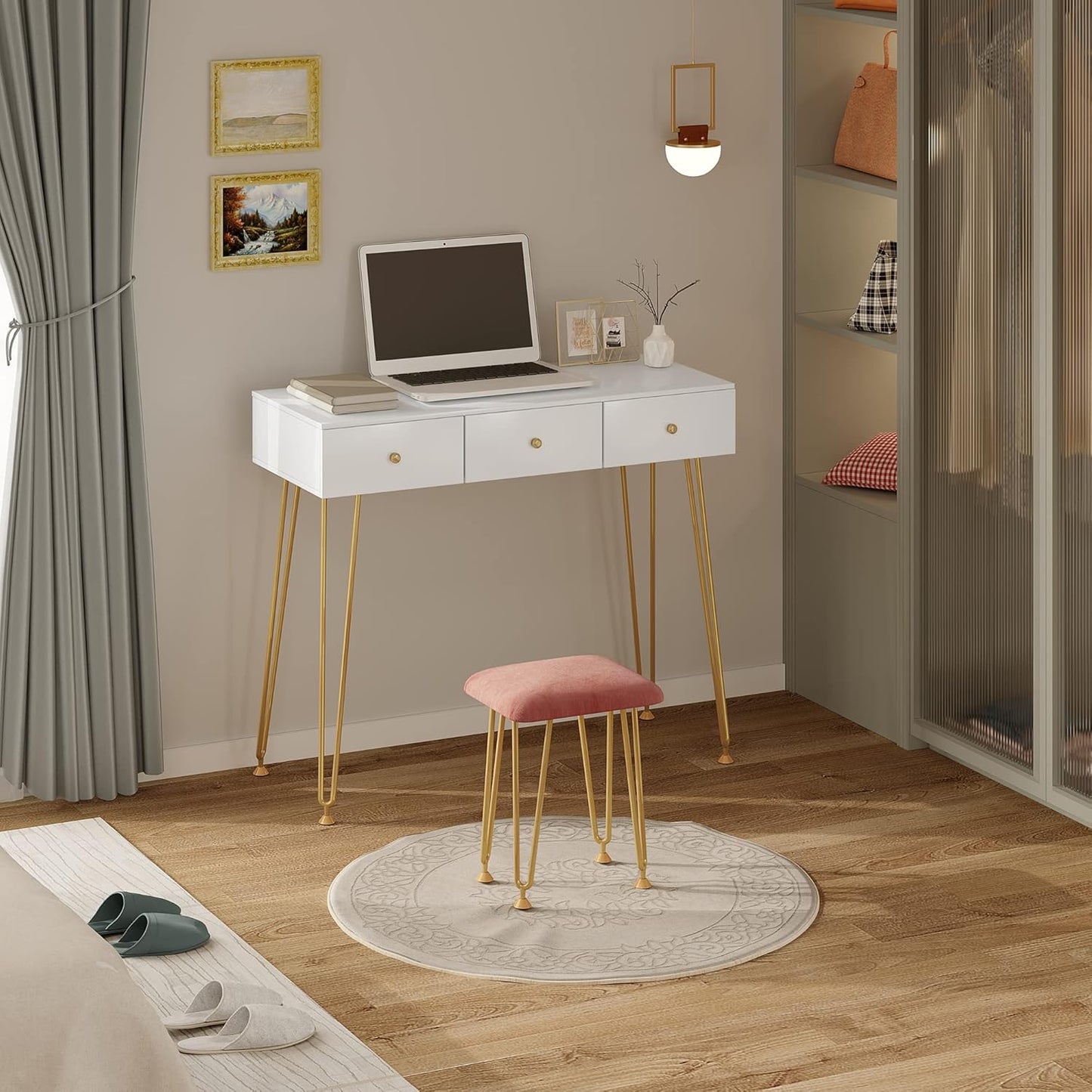 EUGAD White Dressing Table with Velvet Pink Stool