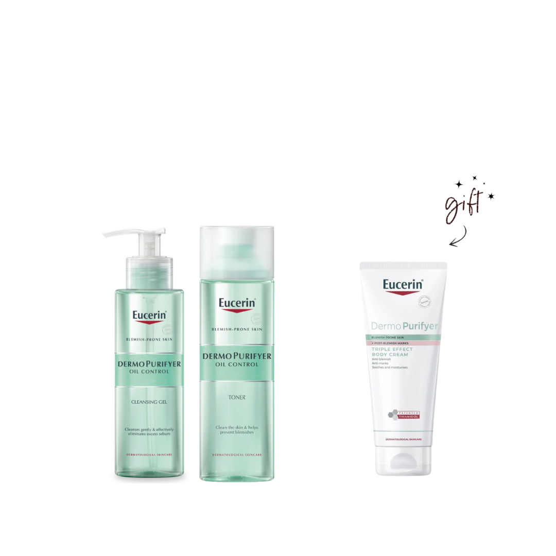 Eucerin DermoPurifyer Acne-Prone Skin Cleansing And Toner + Free Body Cream Bundle