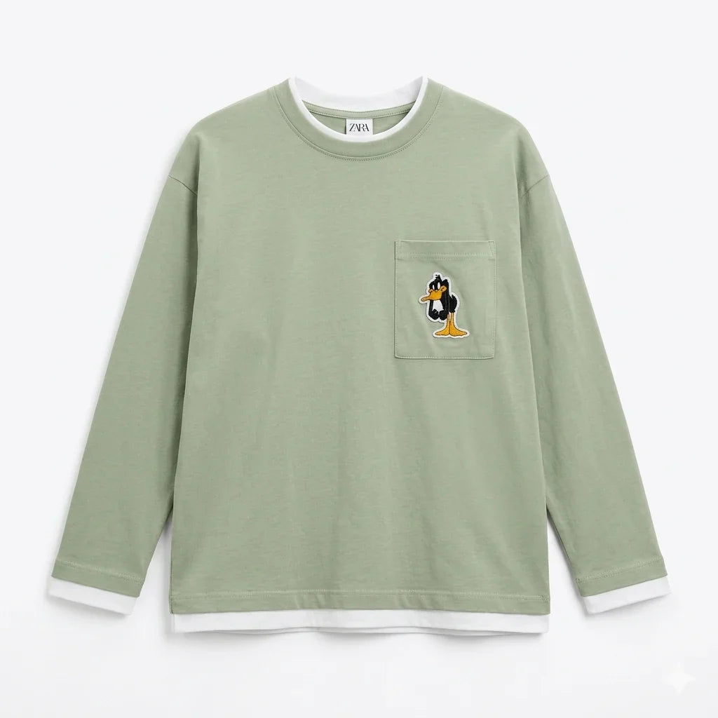 Zara Boy's Sage Green Duck Chest Pocket Printed Blouse | Zara In Lebanon