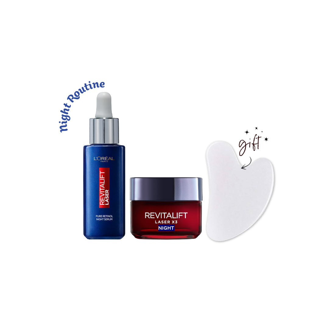 L'Oreal Paris Revitalift Night Cream And Serum Bundle + Free Gua Sha - Medaid International