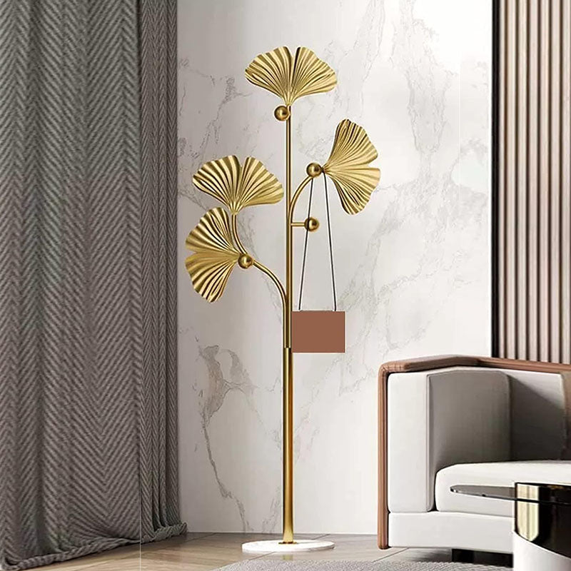 175 CM Freestanding Leaf Shape Metal Coat Rack with Stable Marble Base Clothes Hanger Stand with 5 Hooks Coat Racks for Hats Scarves Handbags Gold - Medaid International
