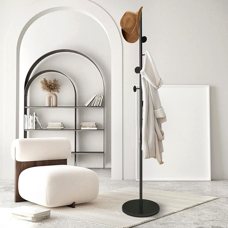 Beauenty Clothes Stand with Stable Marble Base, Free Standing Coat Hook Stand for Clothes, Easy Essembly Coat Rack with 7 Hooks for Coats, Hats, Scarves, Clothes, and Handbags (Black+Black) - Medaid International