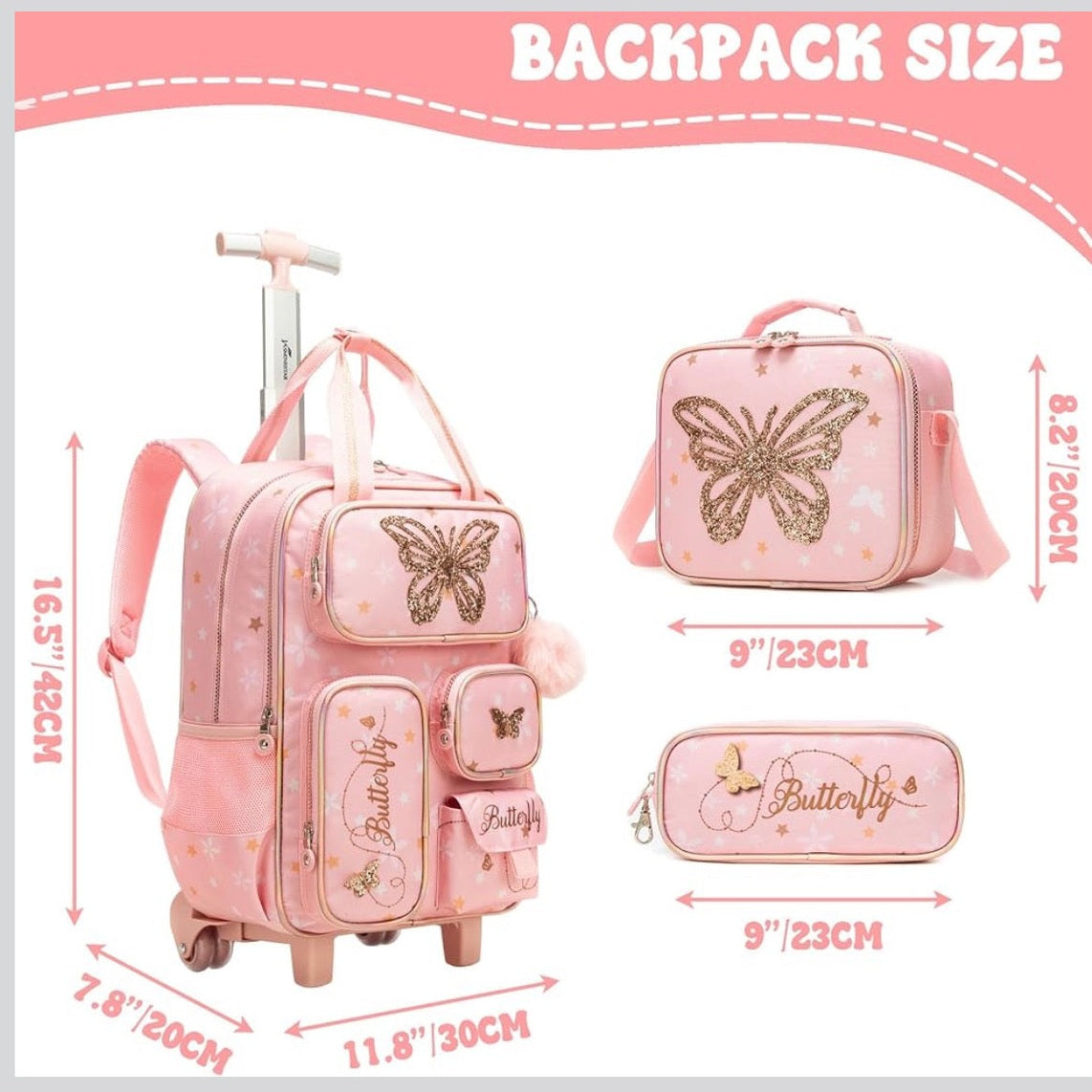 HTgroce Multi-Compartment Trolley Backpack School Bag Trolley For Girls Boys Children's Suitcase Travel Luggage For Teenagers, Pink (Pink Butterfly)
