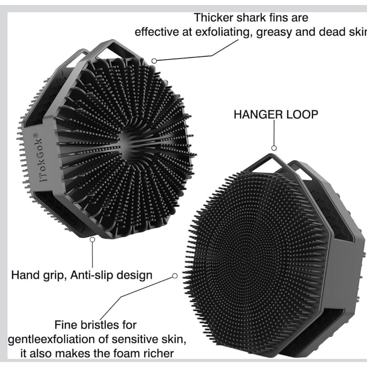 iTokGoK® Premium Silver-Infused Dual-Sided Design 2-in-1 Silicone Body Scrubber for Shower,Body Brush Buffer Scrubber for Men and Women for All Skin, Ergonomic No-Slip Handle, Easy to Clean - Black