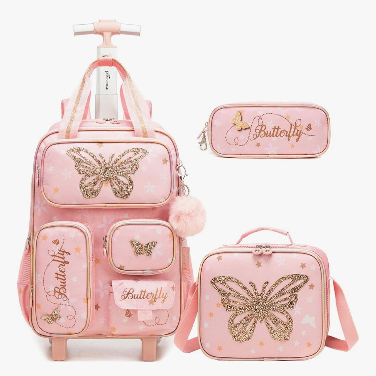 HTgroce Multi-Compartment Trolley Backpack School Bag Trolley For Girls Boys Children's Suitcase Travel Luggage For Teenagers, Pink (Pink Butterfly)