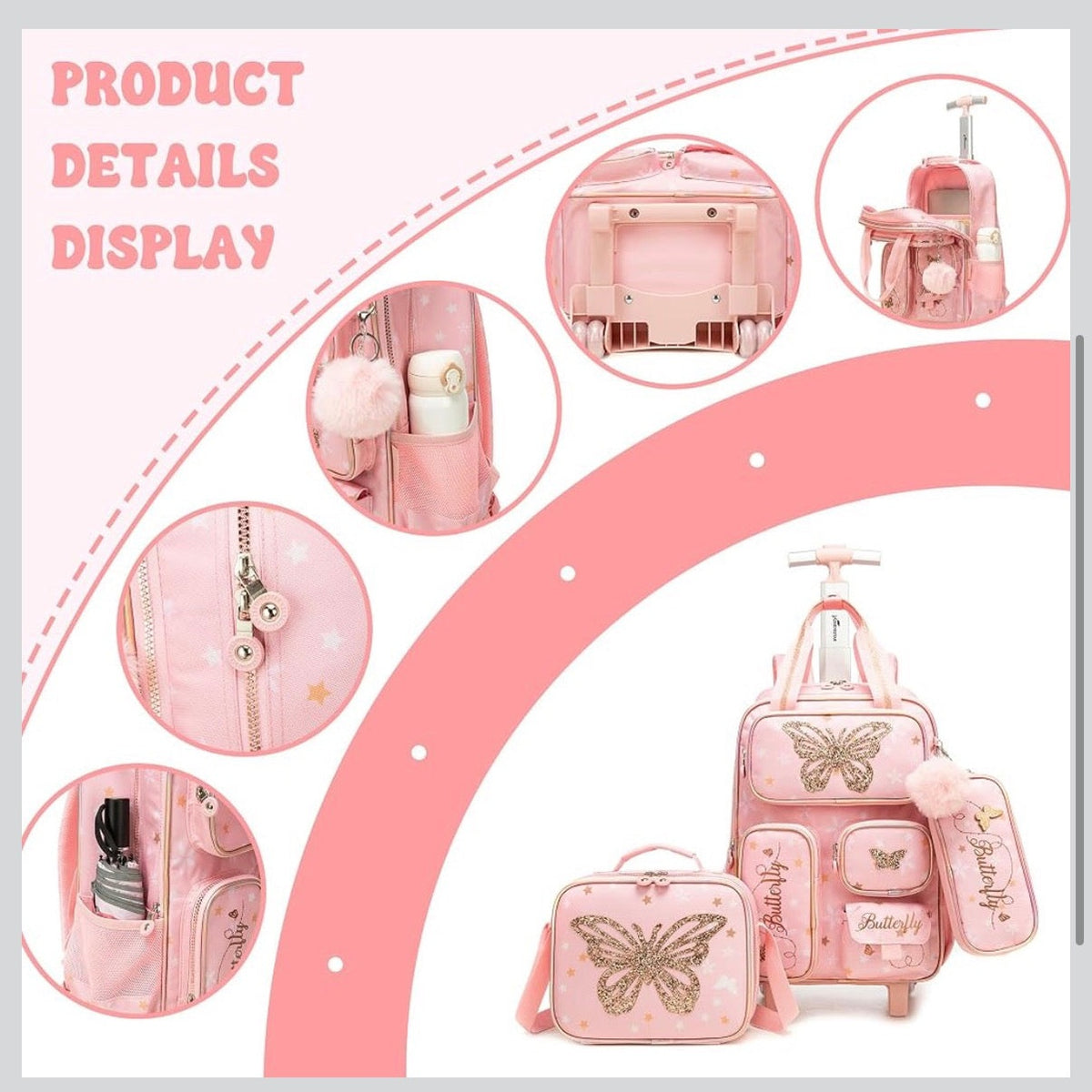 HTgroce Multi-Compartment Trolley Backpack School Bag Trolley For Girls Boys Children's Suitcase Travel Luggage For Teenagers, Pink (Pink Butterfly)