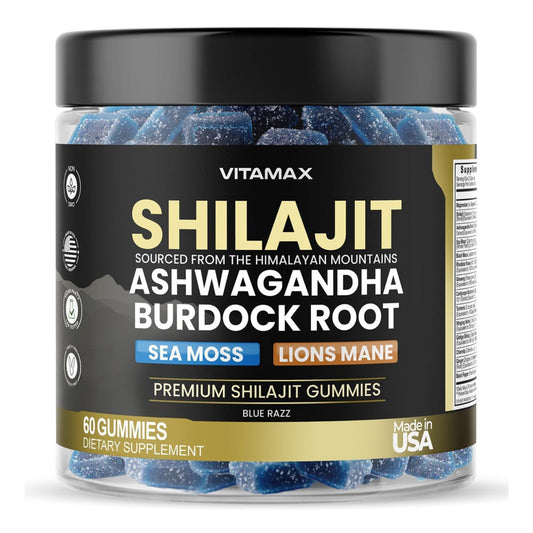Organic Shilajit Gummies, Sea Moss, Ashwagandha, 105+ Trace Minerals – Organic Burdock Root & Lions Mane Mushroom - Blue Razz – Vegan & Non-GMO – Made in USA – 60ct - Medaid International