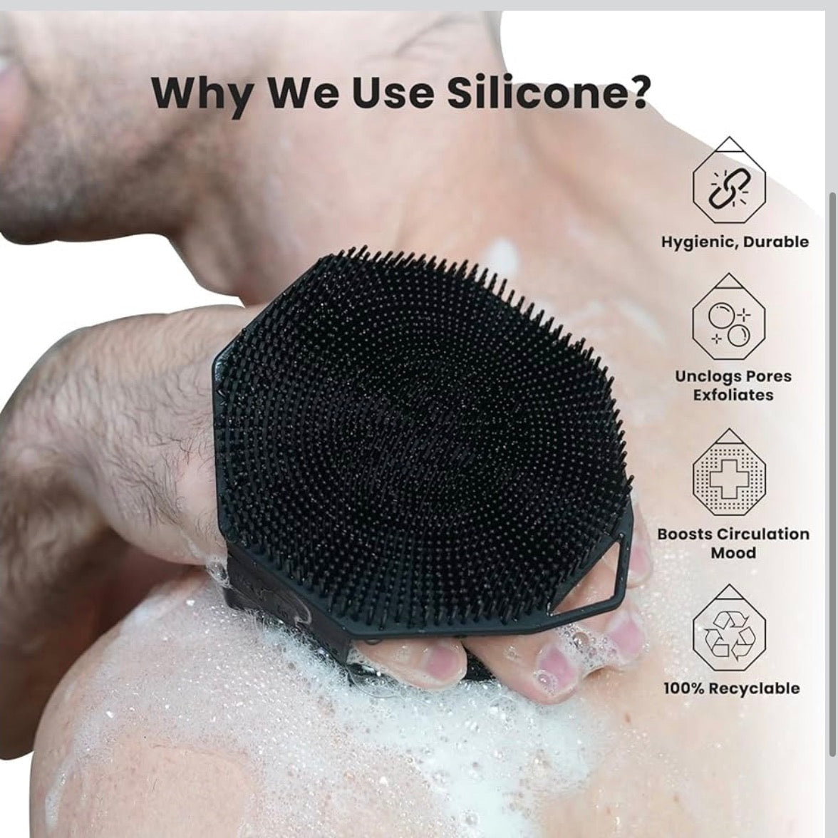 iTokGoK® Premium Silver-Infused Dual-Sided Design 2-in-1 Silicone Body Scrubber for Shower,Body Brush Buffer Scrubber for Men and Women for All Skin, Ergonomic No-Slip Handle, Easy to Clean - Black