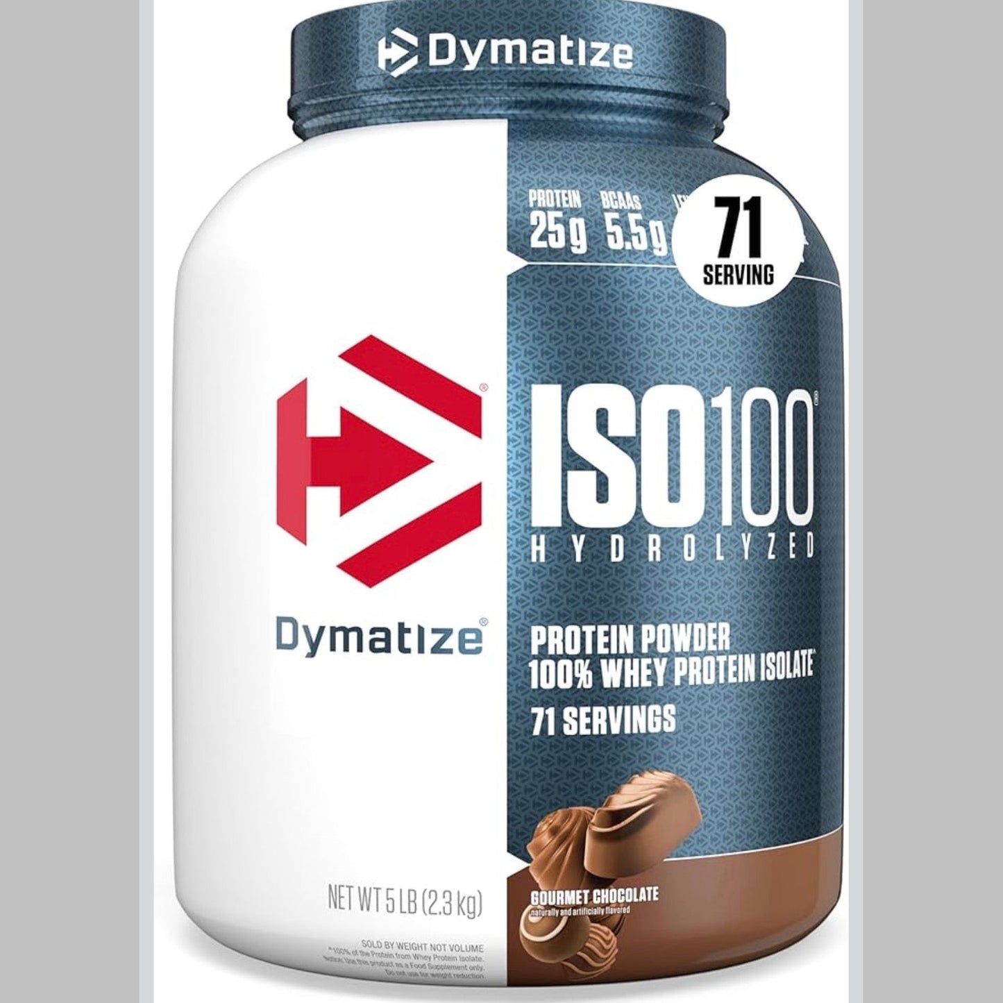 Dymatize ISO100 Whey Protein Powder Isolate, Gourmet Chocolate, 25g of Protein, 5 Pound, 5.5g BCAAs, Less Than 120 Cal., Gluten Free, 1g Fat, 1g Sugar, 2g Carb (71 Servings)