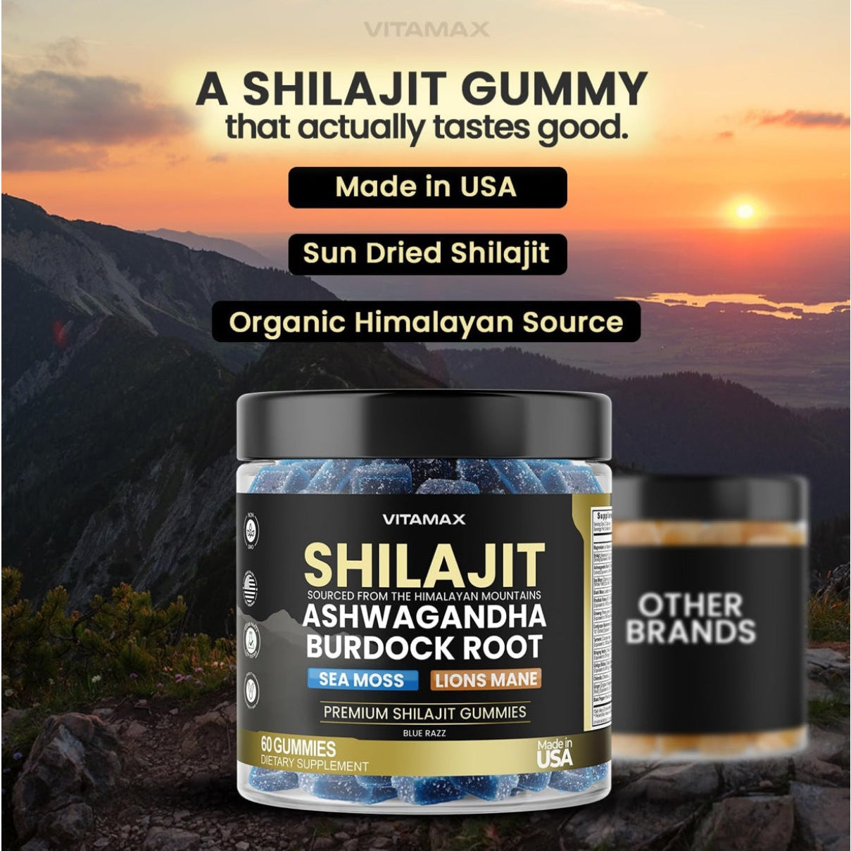 Organic Shilajit Gummies, Sea Moss, Ashwagandha, 105+ Trace Minerals – Organic Burdock Root & Lions Mane Mushroom - Blue Razz – Vegan & Non-GMO – Made in USA – 60ct - Medaid International