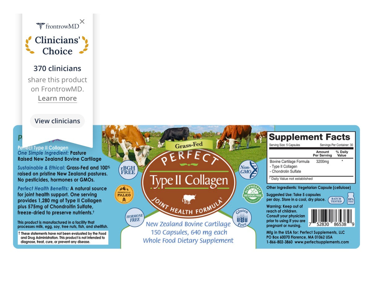 Perfect Type II Collagen - 150 Capsules - Bovine Cartilage Sourced From New Zealand Pasture Raised (Grass Fed) Cows