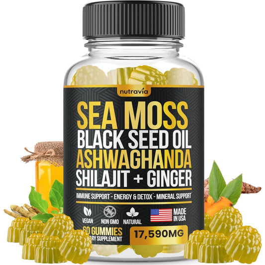 Sea Moss, Black Seed Oil, Ashwagandha, Ginger, Shilajit Gummies with Elderberry, Chlorophyll, Turmeric, Bladderwrack 17590mg Advanced Strength Formula - All in 1 Bundle - Made in USA (60 Gummies) - Medaid International