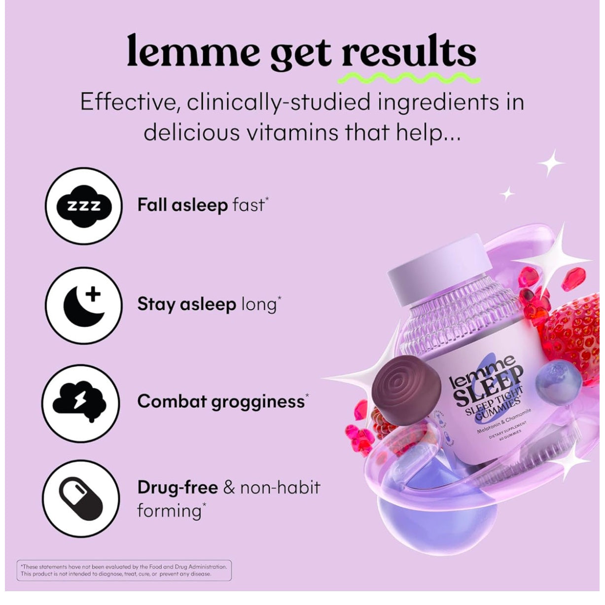 Lemme Sleep Gummies with 5mg Melatonin, Elderberry, Magnesium, L-Theanine, Chamomile and Lavender, Drug-Free Nighttime Sleep Aid, Vegan, Gluten Free, Gelatin Free, Non GMO, Berry Flavored (60 Count) - Medaid International