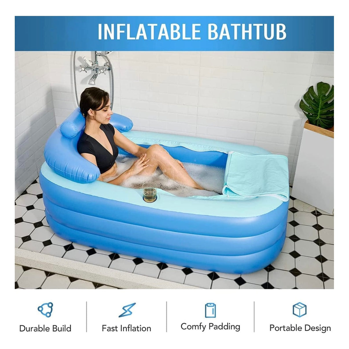 Angju Inflatable Adult Bath Tub, Free-Standing Blow Up Bathtub with Foldable Portable Feature for Adult Spa with Electric Air Pump (High-Density PVC) - Medaid International