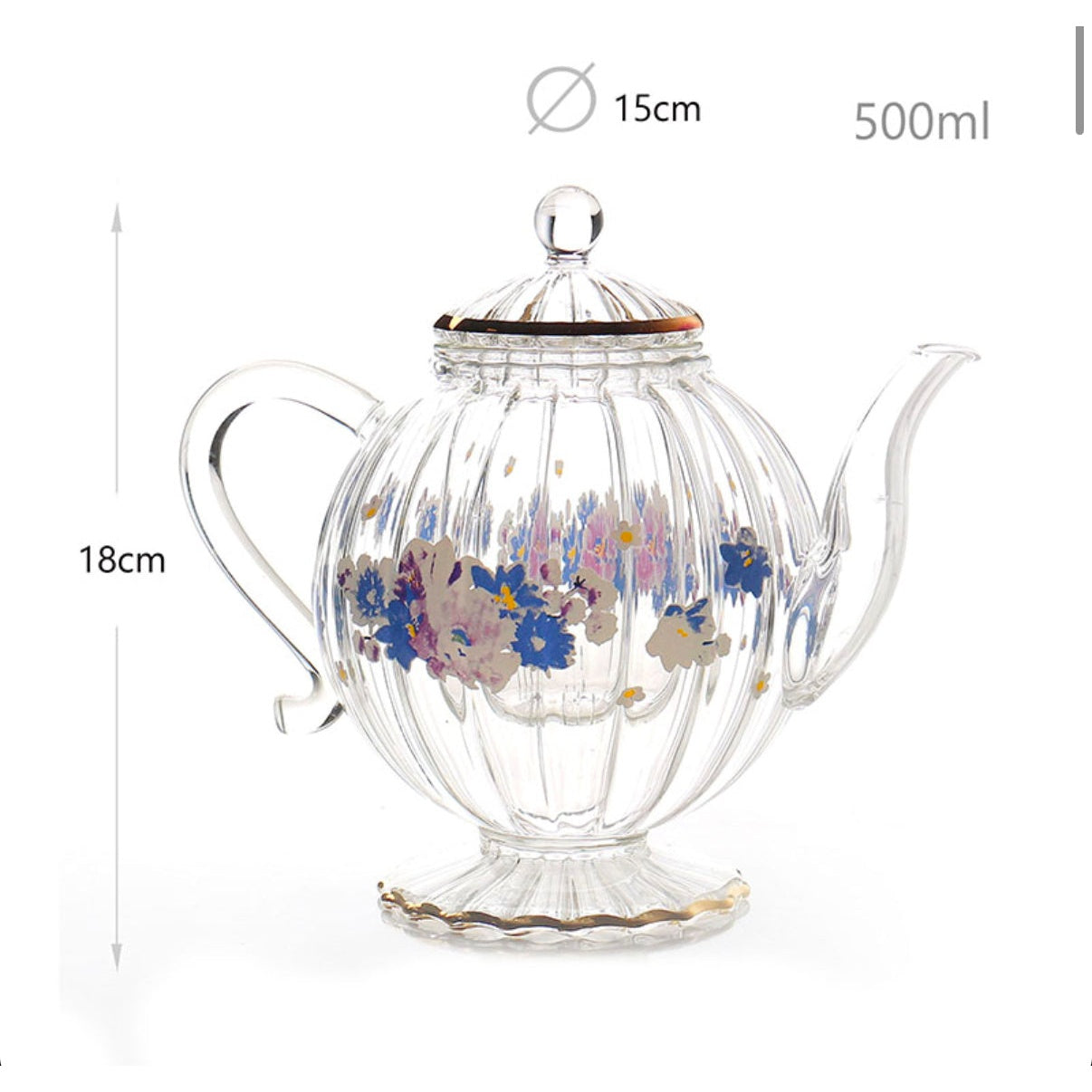 500 ML Flower Design Teapot Glass Striped Shape with Handle and Removable Infuser Transparent Glass Teapot for Tea Coffee and Milk - Medaid International