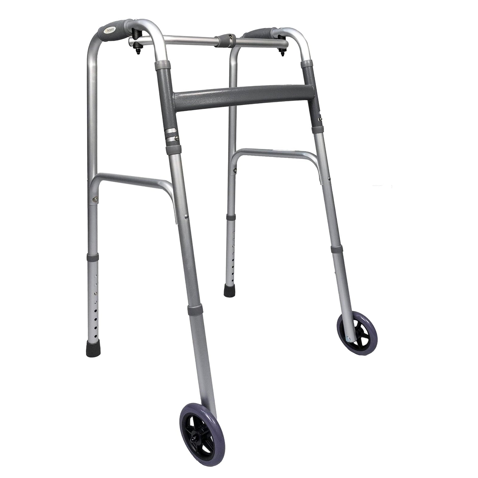 Rehamo Aluminum Height Adjustable Walker with Wheels | Foldable Walker for Elderly, Seniors, Disabled & Adults | Portable Walking Frame for Indoor & Outdoor Use | Weight Capacity - 120 Kgs - Medaid International