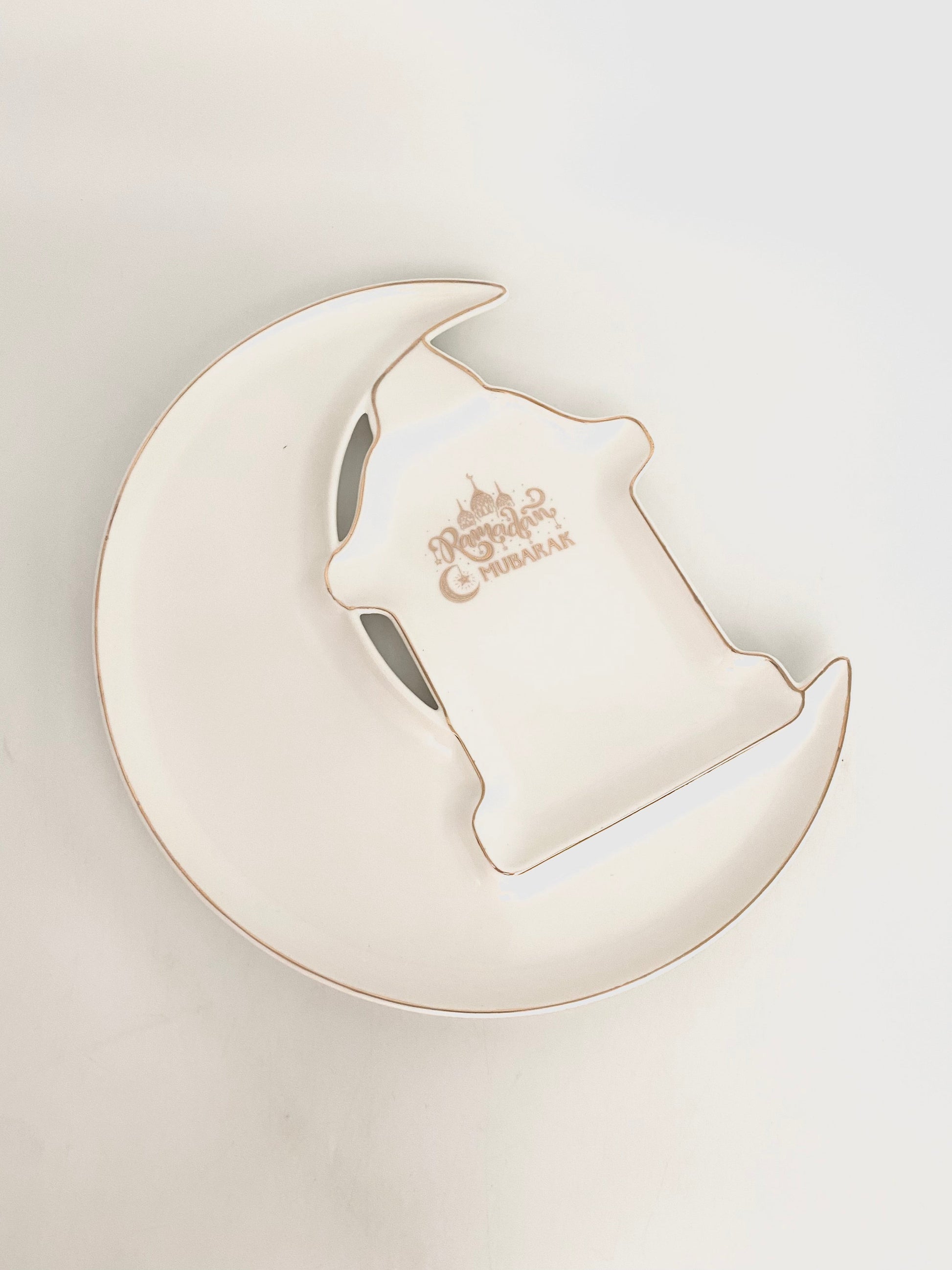2 Pcs Moon & Mosque Shaped Porcelain Serving Plates “Ramadan Mubarak” Set
