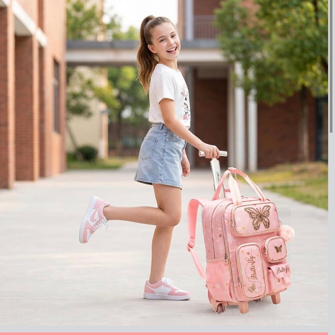 HTgroce Multi-Compartment Trolley Backpack School Bag Trolley For Girls Boys Children's Suitcase Travel Luggage For Teenagers, Pink (Pink Butterfly)