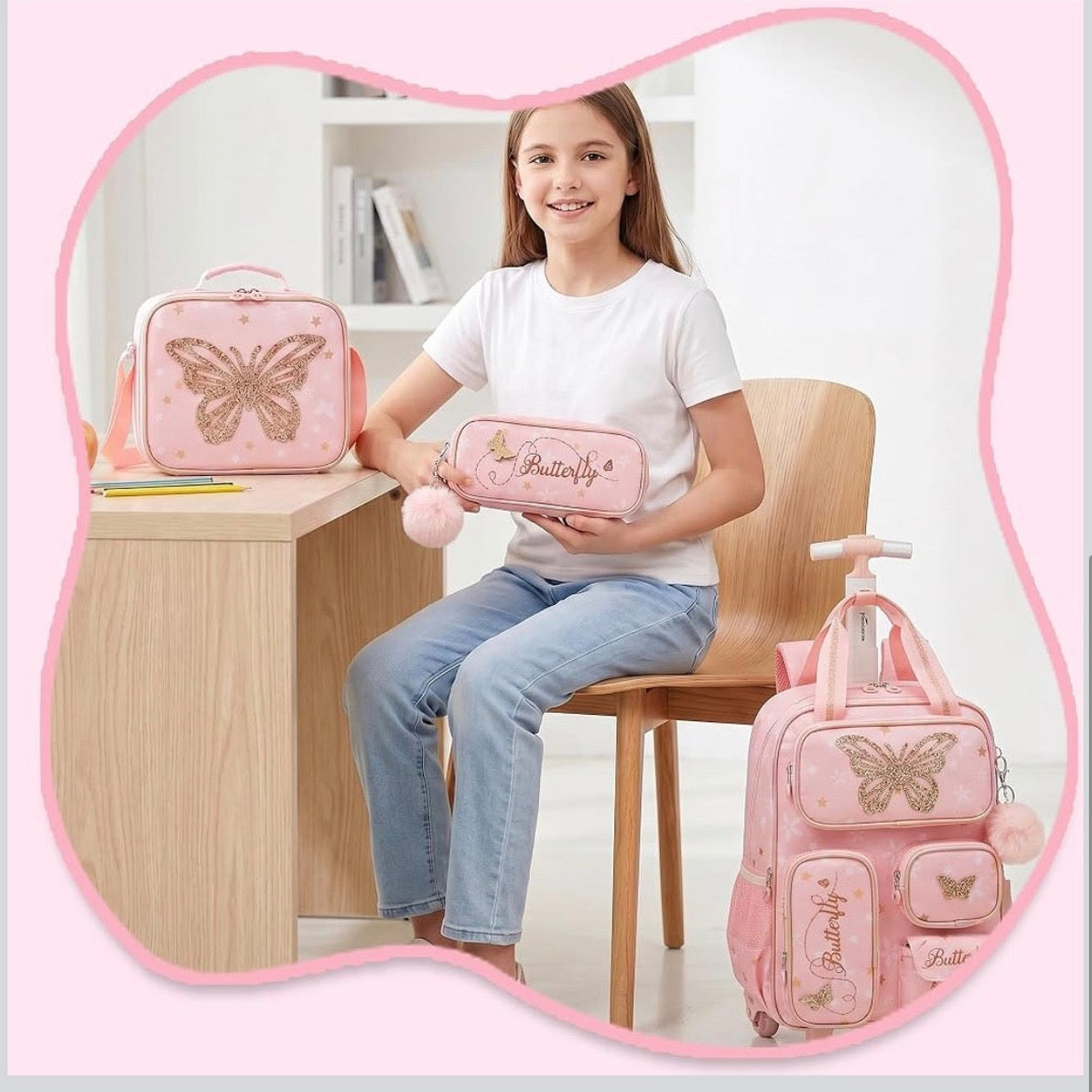 HTgroce Multi-Compartment Trolley Backpack School Bag Trolley For Girls Boys Children's Suitcase Travel Luggage For Teenagers, Pink (Pink Butterfly)
