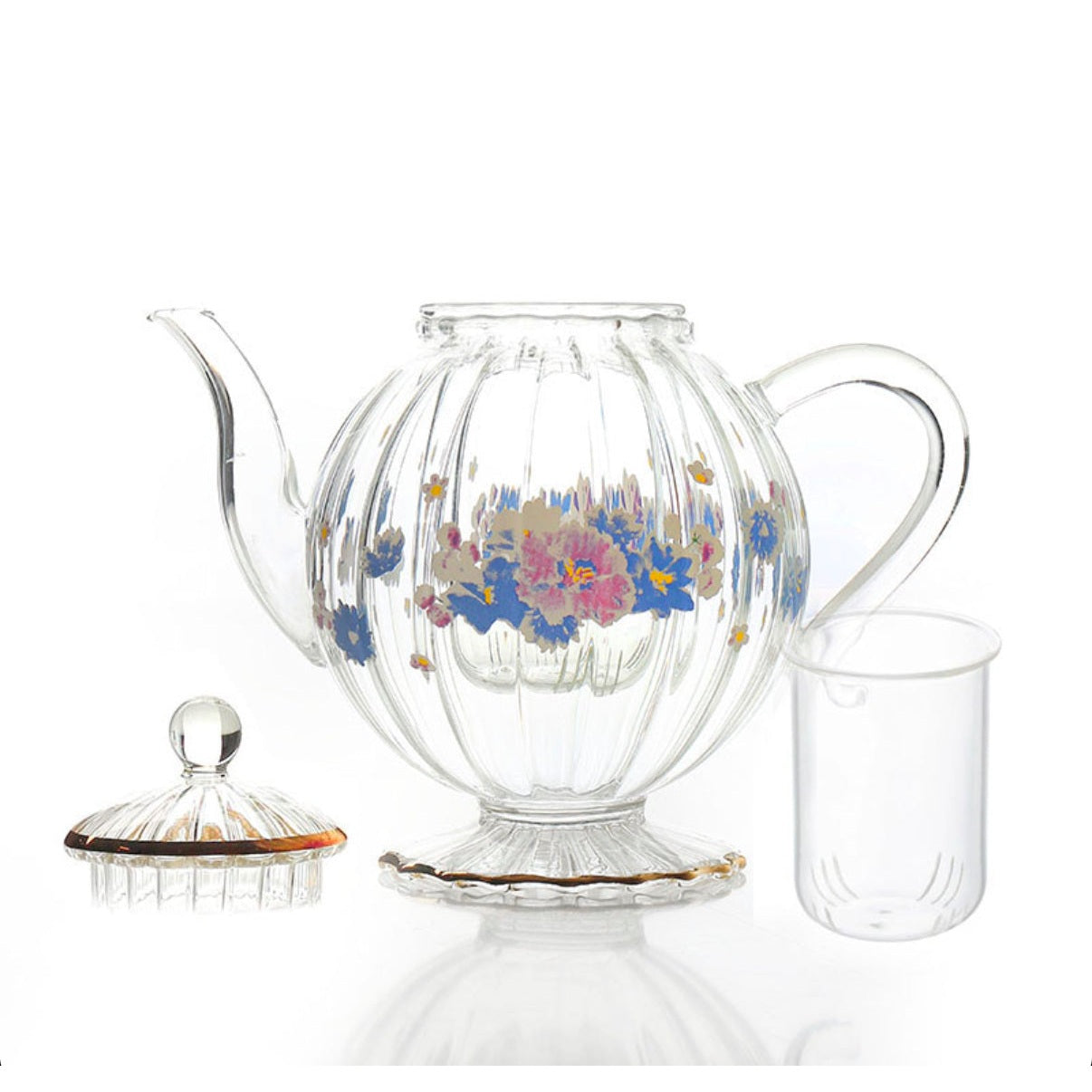 500 ML Flower Design Teapot Glass Striped Shape with Handle and Removable Infuser Transparent Glass Teapot for Tea Coffee and Milk - Medaid International