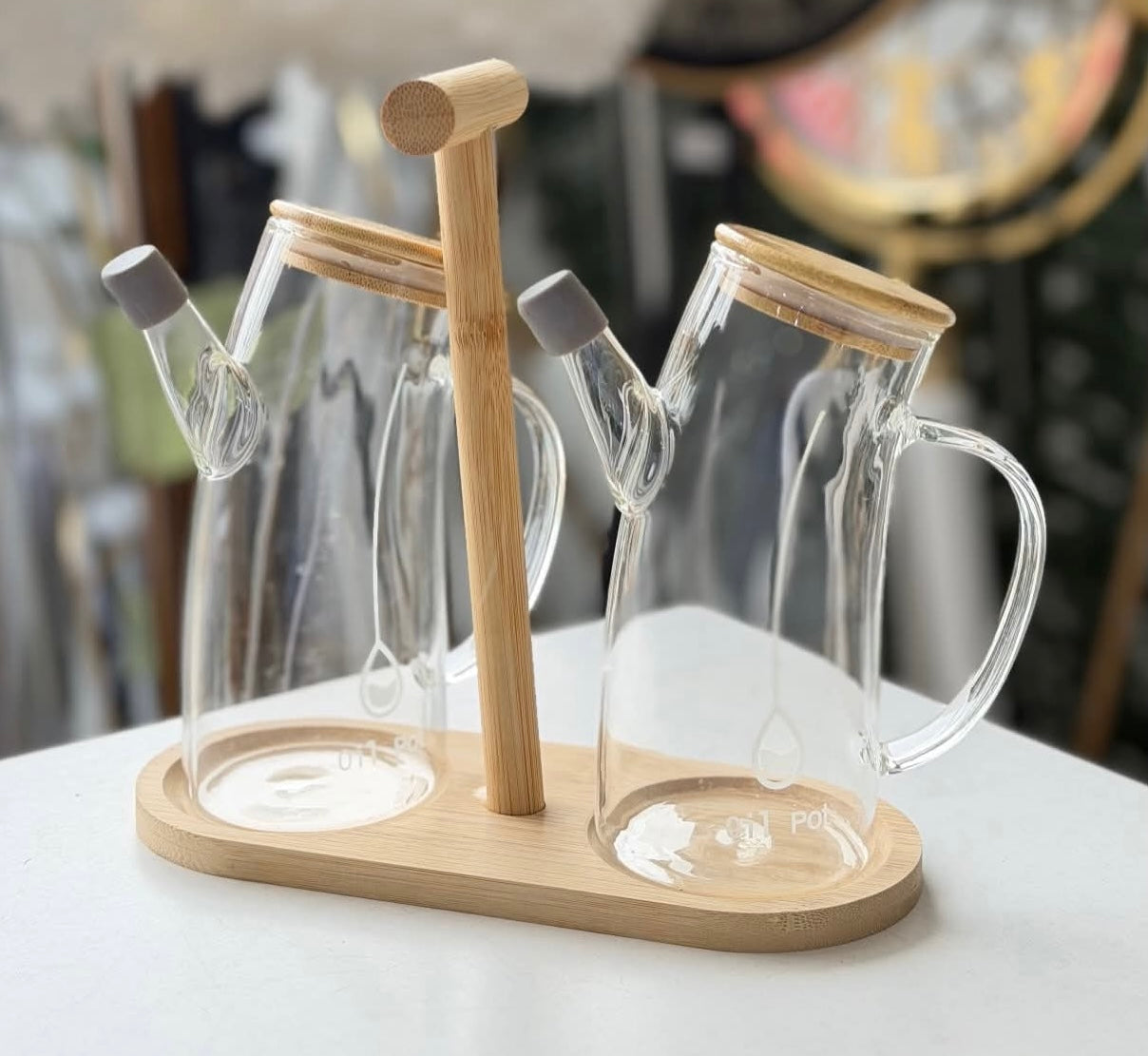 2 Pcs Glass Oil Jugs With Bamboo Stand