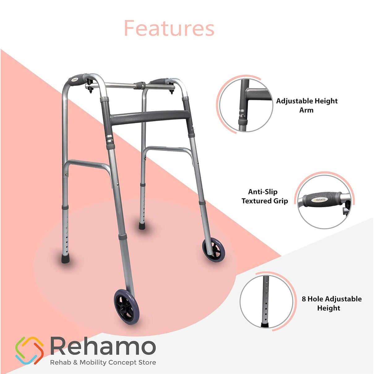 Rehamo Aluminum Height Adjustable Walker with Wheels | Foldable Walker for Elderly, Seniors, Disabled & Adults | Portable Walking Frame for Indoor & Outdoor Use | Weight Capacity - 120 Kgs - Medaid International