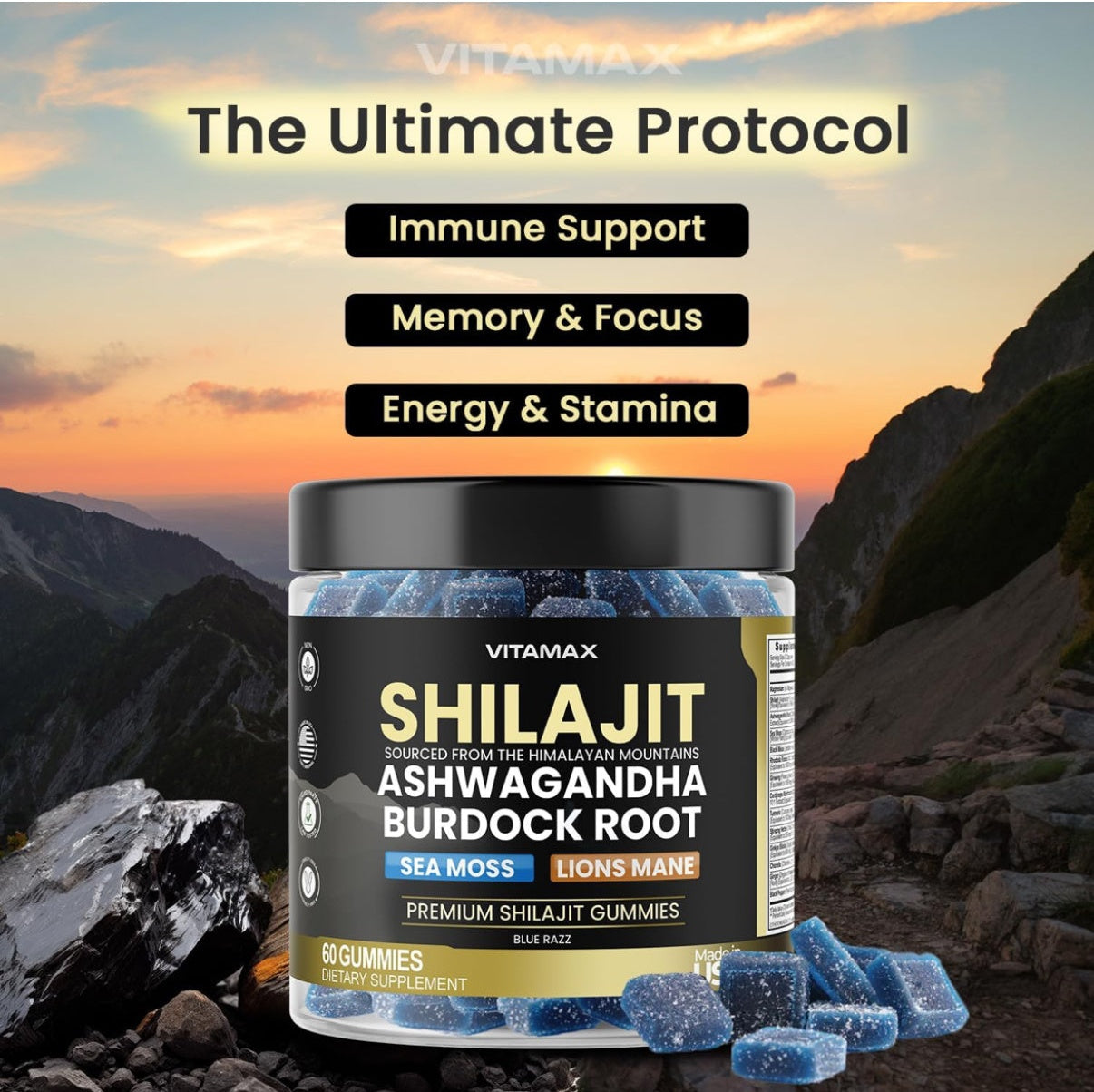 Organic Shilajit Gummies, Sea Moss, Ashwagandha, 105+ Trace Minerals – Organic Burdock Root & Lions Mane Mushroom - Blue Razz – Vegan & Non-GMO – Made in USA – 60ct - Medaid International