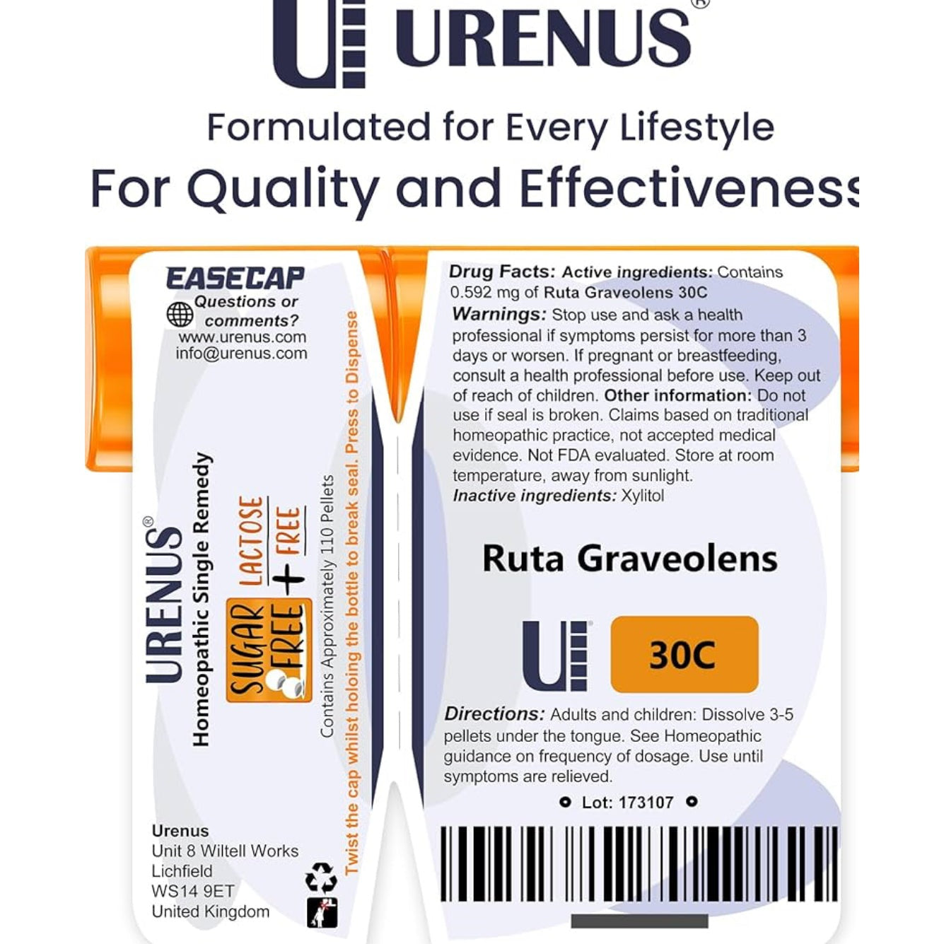Ruta Graveolens 30C Sugar Free Lactose Free Homeopathic Remedy 110 Pellets, Urenus - Medaid International