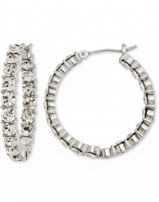 On 34th Women's Sliver  Crystal Station Medium Hoop Earrings |  On 34th in Lebanon