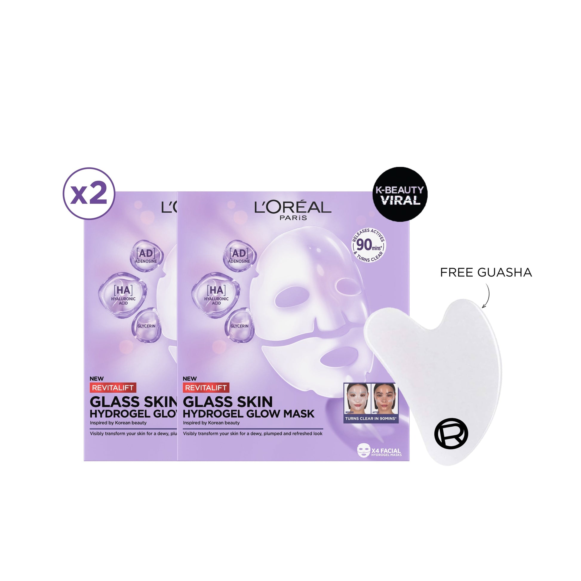 L’Oréal Paris Revitalift Glass Skin Hydrogel Glow Mask Duo Bundle + Free Gua Sha